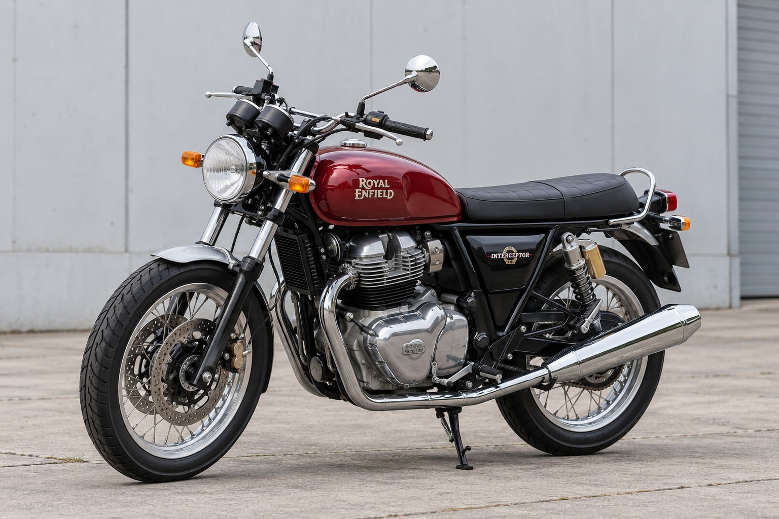 Red Royal Enfield Interceptor 650 motorcycle parked beside an industrial wall